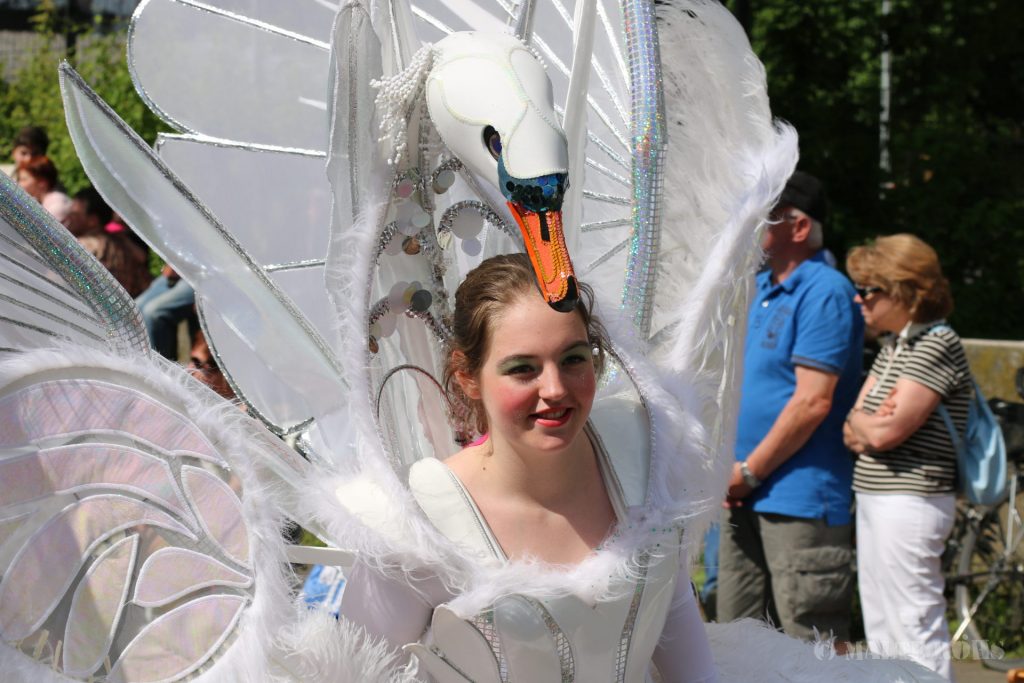 Woman with a beautiful fancy swan dress during the Carnival der Kulturen 2015 in Bielefeld
